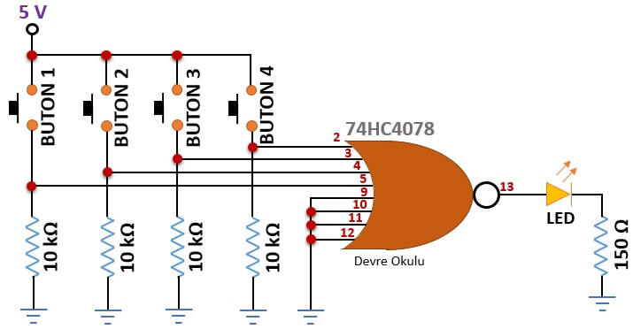 Entegreler-74HC4078 örnek devre